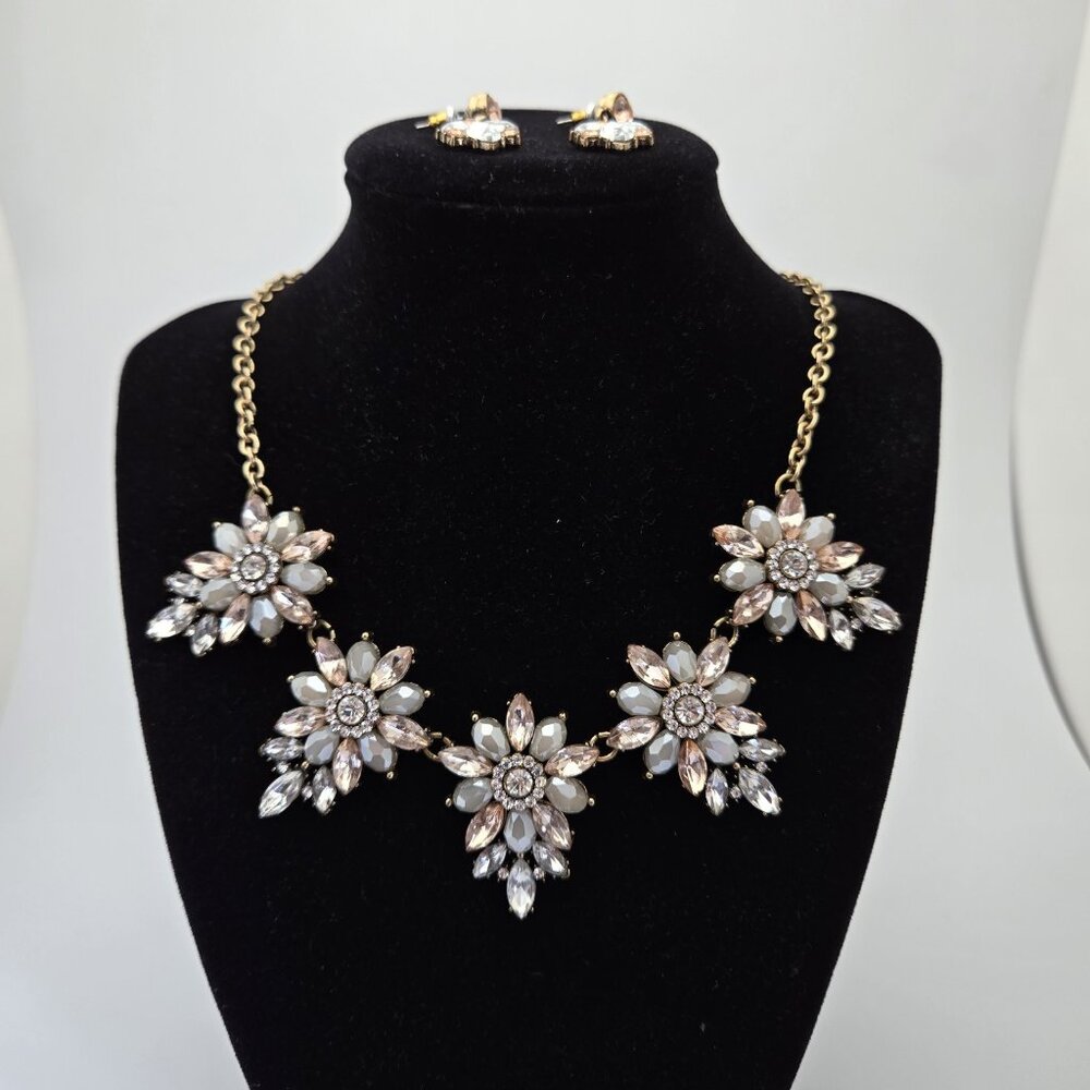 Vintage Crystal Rose White Statement Necklace Set Glam Wedding‎ Prom Drag Queen